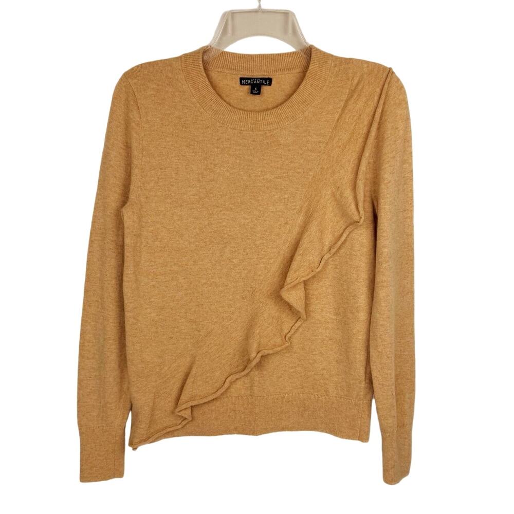 J.Crew Mercantile Tan Cotton‎ Wool Blend Ruffle Tight Knit Sweater Women's Small